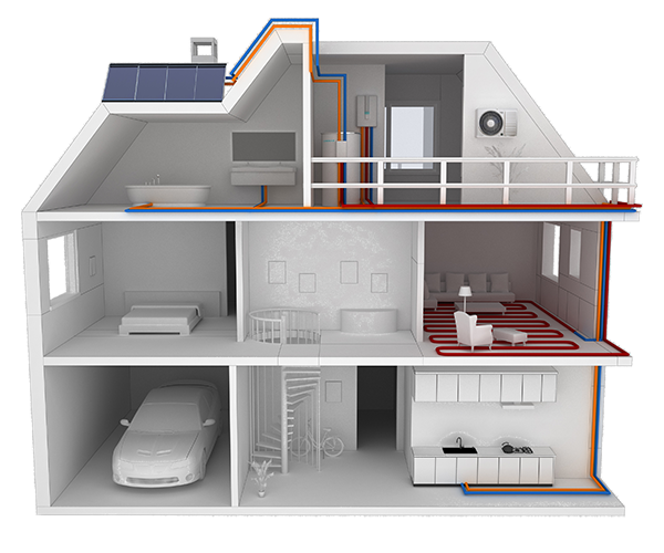 Schéma instalace systému se dvěma smaltovanými cívkami a solárními nádržemi